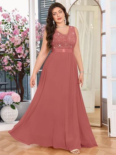 MISSMAY Women's Plus Size Sequined Lace Deep V-Neck Sleeveless Slit Formal Evening Party Maxi Dress3