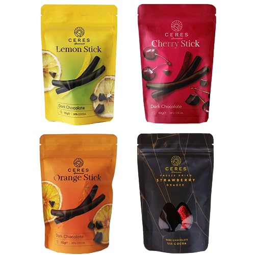 Chocolate Covered Fruits Variety Pack 4 Pcs, Orange, Cherry, Strawberry, Lemon, Exquisite Dark Chocolate-Covered Fruit Gift Box - Perfect Blend of Sweetness and Indulgence,