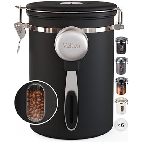 Veken Coffee Canister with Window, Airtight Stainless Steel Kitchen Food Storage Container, Date Tracker and Scoop for Grounds Coffee Bar Accessories, Beans, Tea, Flour, Cereal, Sugar, 22OZ, Black Cover