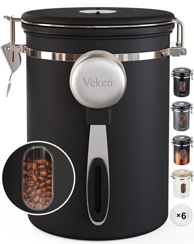 Comparison: Best Coffee Bean Container 2 Veken Coffee Canister with Window,Airtight Stainless Steel Container,Home Kitchen Food Storage Organizers for Grounds,Beans,Espresso,Rice,Tea,Sugar,Cereal, Flour,Scoop,Bar Accessories,Gifts,22OZ,Black