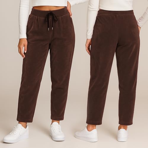 Kendindza Cordhose Damen Hose Stretch Joggpants Damen elegant Stoffhose Schlupfhose Fein Cord Braun XL