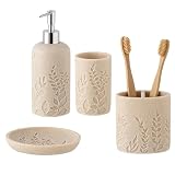 Haocoott Bathroom Accessories Set, 4 PCS Bathroom Accessory Sets with Soap Dispenser 13 OZ, Toothbrush Holder, Tumbler, Soap Dish, Bathroom Countertop Organizer, Sea Bathroom Decor (Leaf Beach)