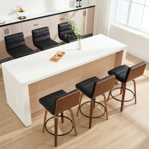 Image of Swivel Bar Stools Set of 6,26 inch Faux Leather Counter Height Barstools with Back,Mid Century Modern Upholstered Bar Chairs with Bentwood Legs Island Stools for Kitchen Counter Black