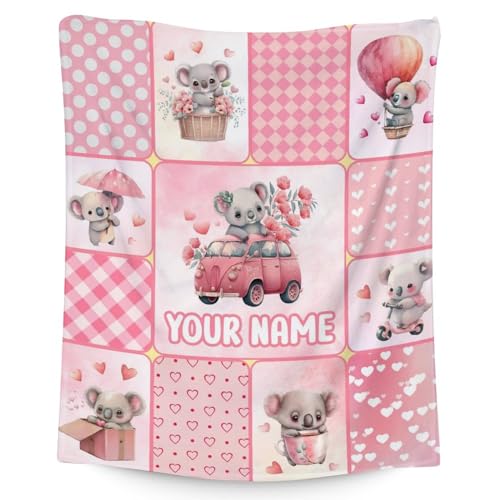Personalized Koala Blanket Gifts with Name - 30"x40" Cute Throw for Women, Girls - Pink Soft Fuzzy Blankets for Couch & Office