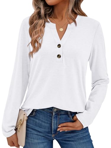 AUTOMET Long Sleeve Shirts for Women Blouses 2025 Fall Clothes Plus Size Dressy Casual Tops Henley Cute T Shirts Business Winter Clothing Spring Fashion Outfits White L