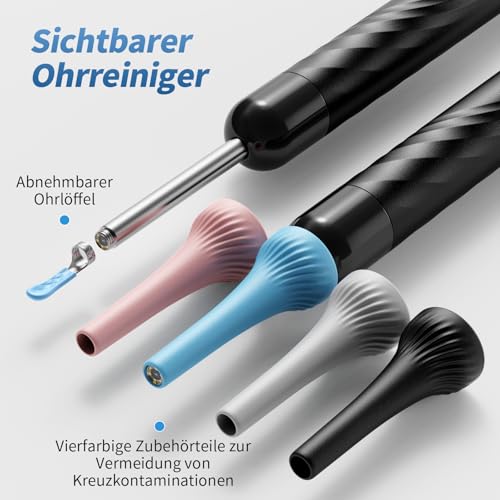 Qimic Ohrenschmalz Entferner Otoskop, WiFi Ohrreiniger, IP67 Wasserdicht und 360°-Weitwinkel Otoskop Kamera mit 6 LEDs für Erwachsene, Kinder und Haustier, Schwarz