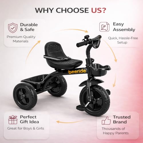 Image of Beeride Smart & Safe Kids Tricycle with EVA Wheels, Storage Basket & Seat Belt | 3-Wheel Tricycle for Toddlers Age 3-5 Years | Red Tricycle for Boys & Girls (Black)