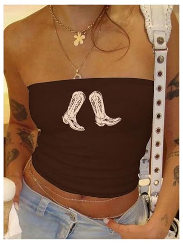 COZYEASE Women's Western Graphic Strapless Tube Top Sleeveless Slim Fitted Y2K Crop Tops3