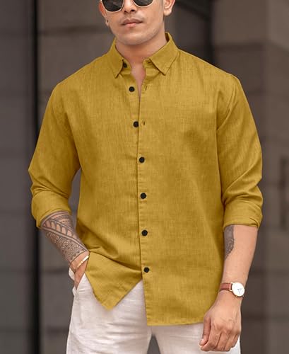 Image of Men's Solid Linen Blend Cotton Shirt | Full Sleeve Plain Shirt for Men | Regular Fit Casual & Formal Wear