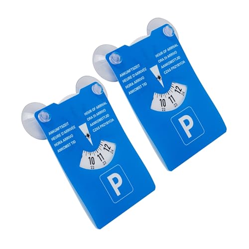 Parkscheibe mit Saugnäpfen, 2 Stück, in Blau, aus Pappe, doppelseitig einstellbar, Parkuhr mit acht Sprachen, für Auto, LKW, Wohnmobil, Parking Disc, Parkscheiben, Parkkarte mit Saugnapf Befestigung