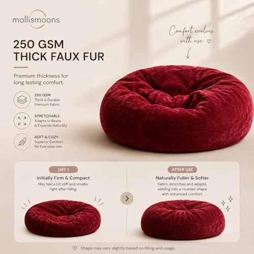 Image of Mollismoons Limited Edition Luxury Faux Fur Bean Bag XXXXL 50 Inch Single Seater, Super Soft with Durable Matte Base, Bean Bag Chair Cover Without Beans (Cherry Maroon Dark)