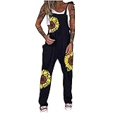 AMhomely Latzhose für Frauen UK Baggy Latzhose Overall Lange Hosen Verkauf Ausverkauf Freiraum Damen Totenkopf Print Punk Jumpsuit Casual Loose Daisy Printed Overall Jumpsuit, 03 schwarz, 42