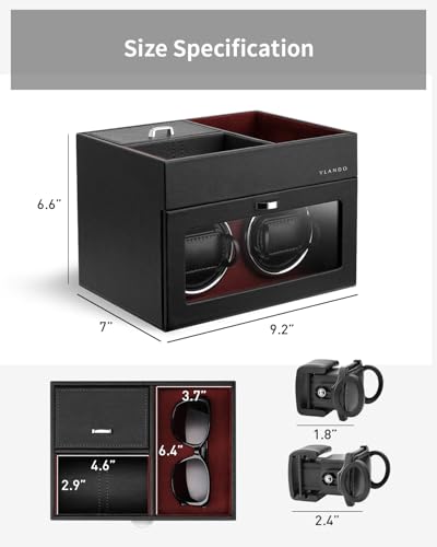 Vlando Automatic Double Watch Winder - Watch Winder Box with Men Jewelry Organizer Tray, Japanese Quiet Motor, LED Light, Adjustable Watch Pillows - Red - Thumbnail 7