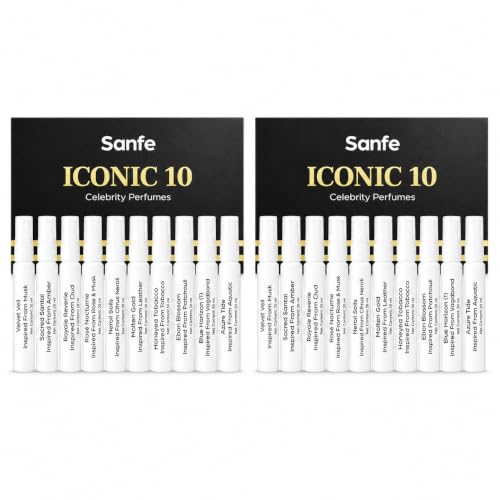 Image of Sanfe Iconic 10 Celebrity Fragrance Set | 10x10ml | Eau De Parfum Collection | Luxury Scents Hamper for Men & Women | Gift Combo | Long Lasting Aroma | Attar Inspired Blend | Premium Essence Pack (Pack of 2)