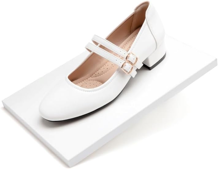 Mary Jane Shoes Women Double Straps 2 Inch Low Heels Dress Shoes Chunky Heels Closed Toe Pumps for Women Comfortable Dressy, PU White11 - Image 5