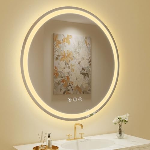 Keranixy LED浴室ミラー 化粧鏡 壁掛け 40x40cm 丸型 曇り防止機能 明るさ調整 照明付き 3色調整 防水 防爆 浴室用調光ミラー 洗面所 洗面台 おしゃれ 浴室