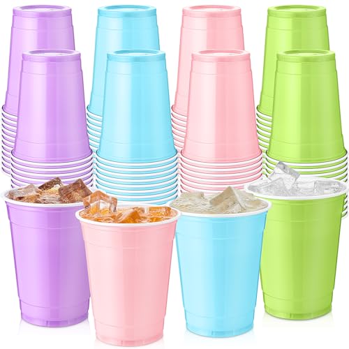 Reallnaive 100 Pcs 12 oz Disposable Plastic Party Cups Rainbow Color Drinking Cups Durable & Lightweight Reusable for Parties Holidays Events & Home Use (Pastel)