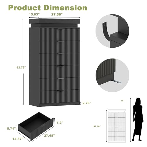 Image of Black Tall 6 Drawer Dresser with LED Lights and Charging Station, 53 inch Tall Wood Fluted Dresser for Bedroom, Modern Chest of Drawers for Closet Organizer Cabinet for Living Room, Hallway