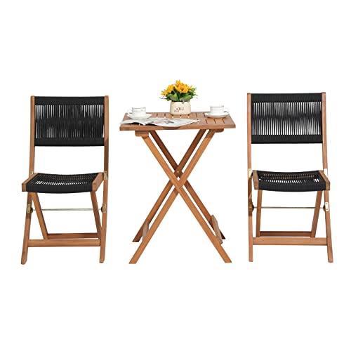 Oc Orange-Casual 3 Piece Acacia Patio Bistro Set, Outdoor Compact Wood Square Table And Chairs Set Of 2 For Apartment Balcony Front Porch Deck Yard, Black #TOP6