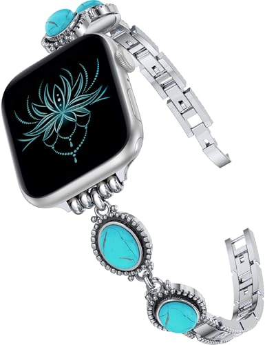 Moolia Turquoise Stone Bracelet Compatible with Apple Watch Band 42/41/40/38mm Women Metal Handmade Adjustable for iWatch Series 11 10 9 8 7 6 5 4 3 2 1 SE/Ultra1/2/3 Silver/Turquoise