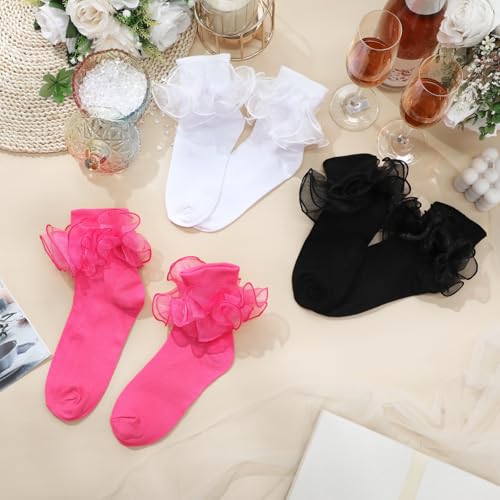 Image of Geyoga 3 Pairs Women Big Ruffle Socks Turn Cuff, Double Lace Ankle Cotton Frilly Socks for Ladies Summer