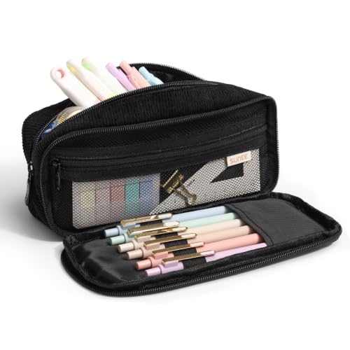 Image of SUNEE Pencil Case, Large Capacity Pencil Pouch, Aesthetic Big Pen Bag, Soft Corduroy Pen Box for Office Stationery Organizer School Supplies Multifunctional for Teen Boys Girls Women Men, Jet Black