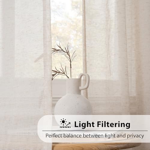 Image of FMFUNCTEX Linen Sheer Curtains for Bedroom, Taupe Curtains 96 inches Long for Living Room, Brown Farmhouse French Flax Blend Window Draperies, Rod Pocket 2 Panels Set