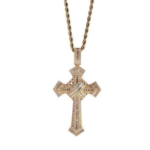 Gentle lie Stainless Steel 24inches Twist Rope Chain 18K Gold Plated Cross Pendant Necklace for Men Women,5A Cubic Zirconia Iced Out, Luxury Gift for Couple or Bestie (GOLD 02)