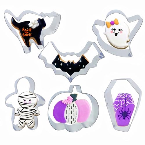6 moldes para galletas de Halloween, calabaza, fantasma, ataúd, murciélago, gato, momia, cortadores de galletas con instrucciones de decoración, formas de horneado de vacaciones