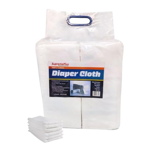 SupremePlus Prefold Cloth Diapers - 6 Pack, 21 x 14 inches - 4 Ply Ultra Soft, Super Absorbent, Washable, Reusable Cotton Burp Cloths for General Cleaning, Glass, Windows, Cars - White