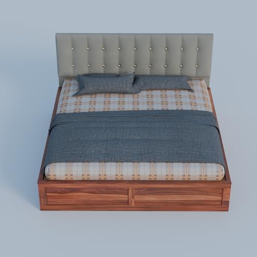 Image of Sheesham Wood Queen Size Bed with Storage Box | Upholstered Beds | Platform Cot with Cushioned Headboard | Double Bed for Home | Recommended Mattress 78x60 Inch | Grey & Honey Finish