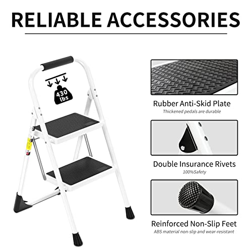 Step Ladder Effieler,2 Step Stool Ergonomic Folding Step Stool With Wide Anti-Slip Pedal 430 Lbs Sturdy Step Stool For Adults Multi-Use For Household, Kitchen，Office Step Ladder Stool (White) #TOP3