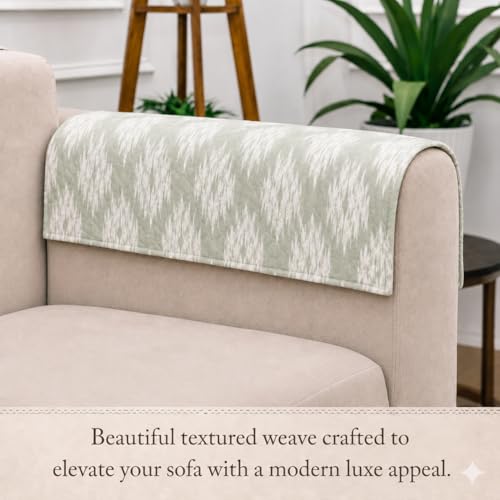 Image of STITCHNEST 'Verdant Ikat Stories' Sofa Armrest Cover | Elegant Jacquard Fabric, Washable & Durable for Modern Living (18 x 22 Inches)