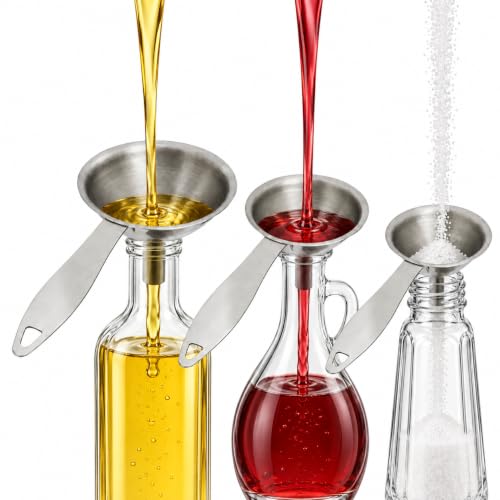 HIC Kitchen Condiment Funnels with Handles, Stainless Steel, Set of 3, 0.5-Ounces, 0.75-Ounces, and 2-Ounce Capacities