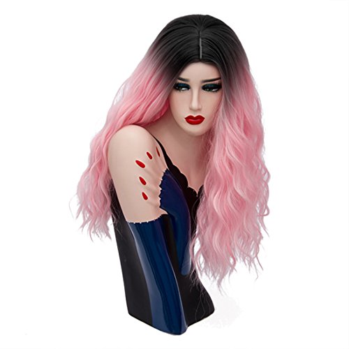 Aicos Alacos 60CM Long Wavy Curly Black Roots Ombre Synthetic Christmas Anime Cosplay Full Costumes Wigs for Women Plus Free Wig Cap (Aqua Red)