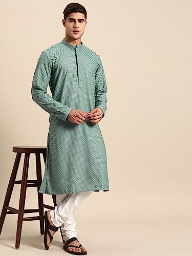 Image of Rajubhai Hargovindas Men Pure Cotton Chikankari Embroidered Straight Kurta