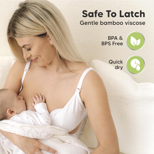 Image of Organic Breast Pads - 14 Viscose Derived from Bamboo Washable Pads + Wash Bag, 3-Layers Breastfeeding Nipple Pad for Maternity, Reusable Nipplecovers for Breast Feeding(Soft White Lite, L 4.8 inch)