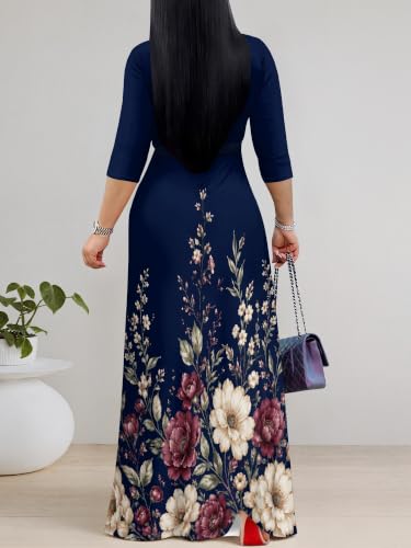 Image of Maxi Dress for Women with Sleeves, Empire Waist Dress | A-line shape, self-tie belt, side pockets and pull-on design; stretch fabric for church, work and casual wear
