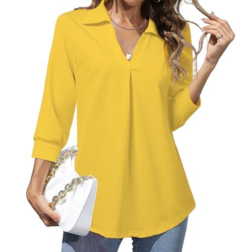 Heat Move Women's 3/4 Sleeve Length Tops Collared V Neck Shirt Dressy Casual Business Blouses for Work Professional Small Yellow