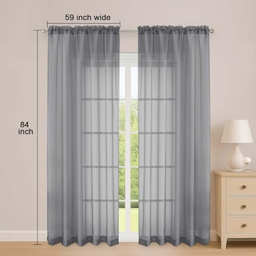 Image of OWENIE Sheer Curtains 84 Inches Long 2 Panels Set, Sheer Grey Curtains for Living Room Bedroom 59 Inch Extra Wide, Modern Voile Filmy Rod Pocket Drapes, 2 Pcs, Each 59 W x 84L, Grey