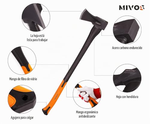 Mivos Hacha de División 2000 g con Mango de Fibra de Vidrio y Hoja de Acero al Carbono – Longitud 92 cm - Hacha para Partir y Picar Madera y Leña - Hacha para Jardín y Bosque
