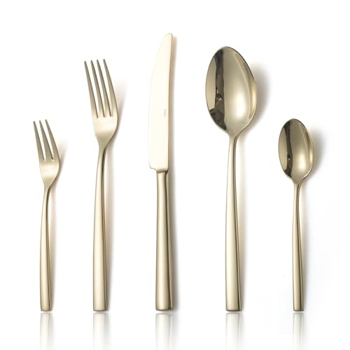 Alata Konrad 18/10 Edelstahl Poliert Champagner Gold, Besteck Set 6 Personen, Essbesteck 30 teilig, Monobloc-Messer, Glänzend, Spülmaschinenfest