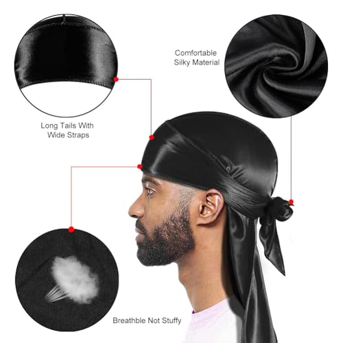 Silky Durag, Silk Du Rags für Männer und Frauen, 3 Stück Silky Durag für Männer, Premium Satin Do Rags Do Rags mit langem Schwanz für 360 Waves, Perfekt für Waves