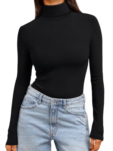 Image of LILLUSORY Turtle Neck Long Sleeve Tops for Women UK Basic T Shirts Black L