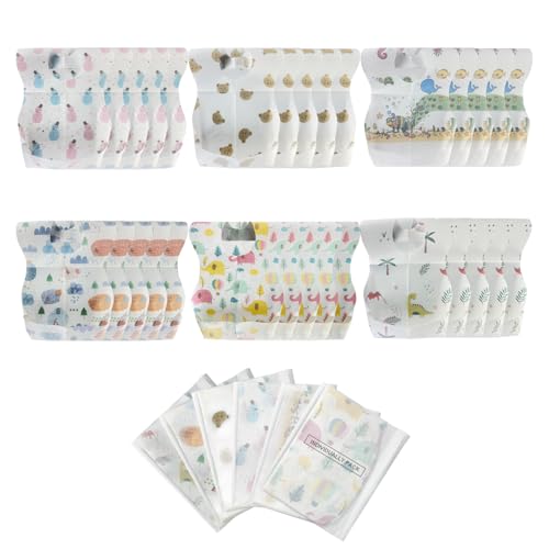 30 PCS Disposable Bibs for Toddlers, 6 Patterns Individually Packaged Baby Bibs with Catcher and Waterproof Liner for Boys Girls Eating, Baby...