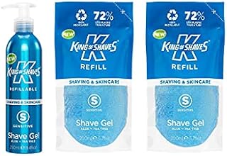 King of Shaves Sensitive Shaving Gel For Men, Refillable Aluminium Bottle 1 x 250ml & Refill Shave Gel Pouch 2 x 200ml, Vegan & Vegetarian Friendly