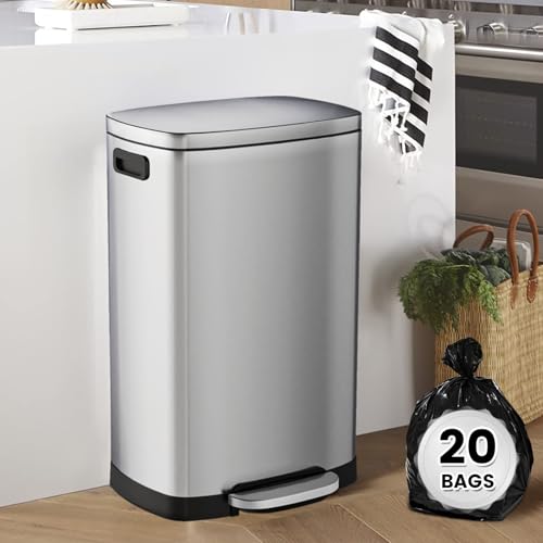 ELPHECO Kitchen Trash Can with Lid Soft Close, 13 Gallon / 50L Stainless Steel Pedal Garbage Can, Heavy-Duty Fingerprint Proof Step Wastebasket with 20 Bags, Removable Bucket, Home Office, Silver