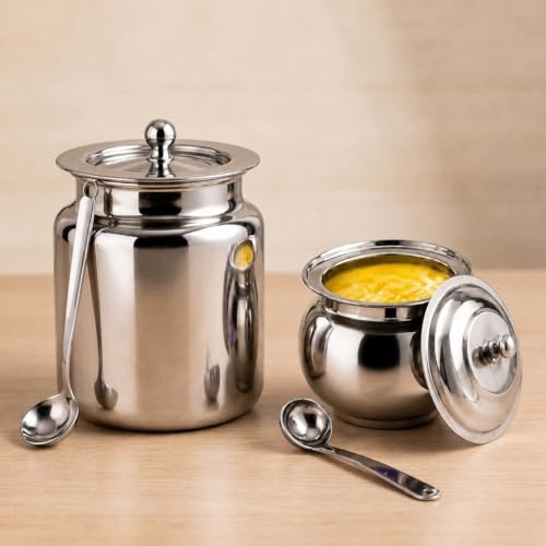 Image of Steel Ghee Pot with Spoon | Oil & Ghee Container Set | Ghee Storage Container with Lid - (Ghee Pot Steel - 450ml & 150ml - Pack of 2)