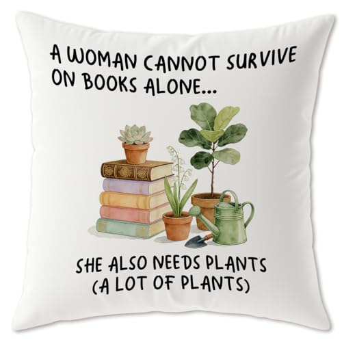 Image of Books and Plant Lover Pillow Covers for Women, Plant Mom Lady Gardening Gifts Reading Pillow for Bed, Book Reader Bookish Bookworm Librarian Gifts 18x18
