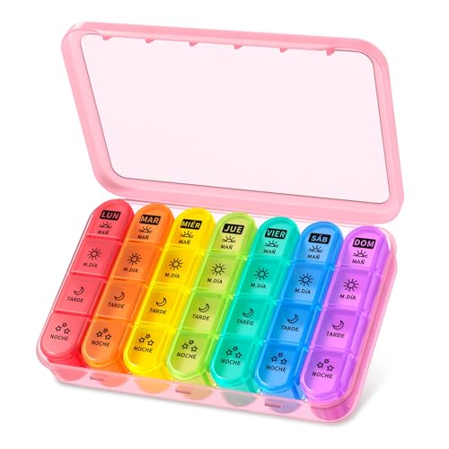 COLORWING Pastillero Semanal 4 Tomas (Español) - Pastillero Diario Grande para 7 Días, Organizador de Medicamentos con Gran Capacidad de 28 Compartimentos, Ideal para Viajes y Uso en Casa (Rosa)